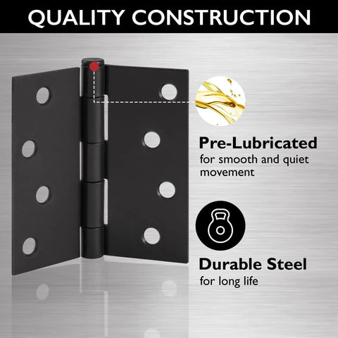 Four Inch Matte Black Interior Door Hinges Value Pack With Three Heavy Duty Leaves Pre Lubricated For Dead Silent Swing showing quality construction details.