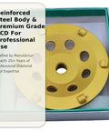 Nine Piece 7 Inch PCD Cup Grinding Wheel Set With Five Eighths Inch And Eleven Inch Threaded Shanks for beefy concrete coating removal.