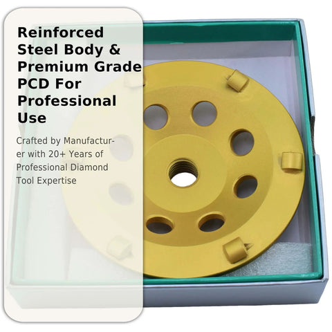 Nine Piece 7 Inch PCD Cup Grinding Wheel Set With Five Eighths Inch And Eleven Inch Threaded Shanks for beefy concrete coating removal.