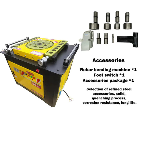 Heavy Duty 4000W Electric Rebar Bender Machine For Steel Ties Up To Two Inches Angle with foot switch and accessories shown.