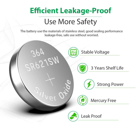 10 Pack SR621SW 364 Watch Battery Silver Oxide Button Cell 1.55V side view showing stainless steel material and labeling details.