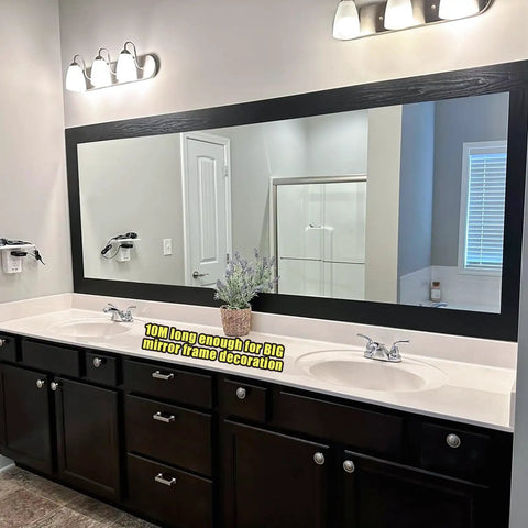 Bathroom mirror with No Fuss Black Wood Grain Peel And Stick Border Wallpaper Waterproof Self Adhesive 10m long 4in wide