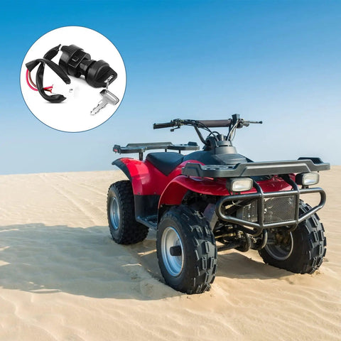 2 Pin Universal Motorcycle Ignition Starter Switch For ATVs And Dirt Bikes with red ATV on sandy terrain