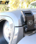 Close-up of Heavy Duty Skull Hood Latch Set For Jeep Wrangler JL 2018 To 2024 And Gladiator JT with skull design on a grey hood