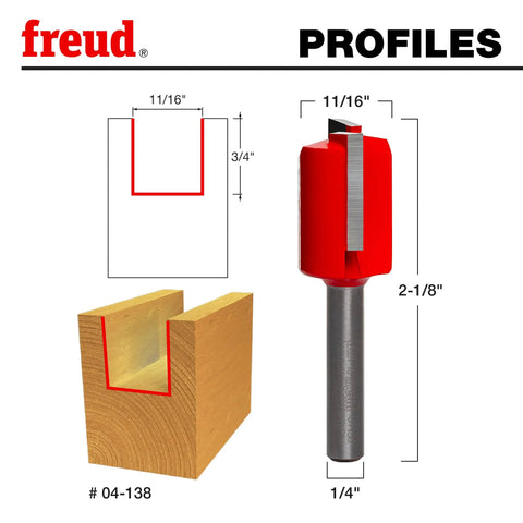 Top Shelf 11/16 Double Flute Straight Router Bit With 1/4 Shank shown beside wood profile illustration for accurate routing.
