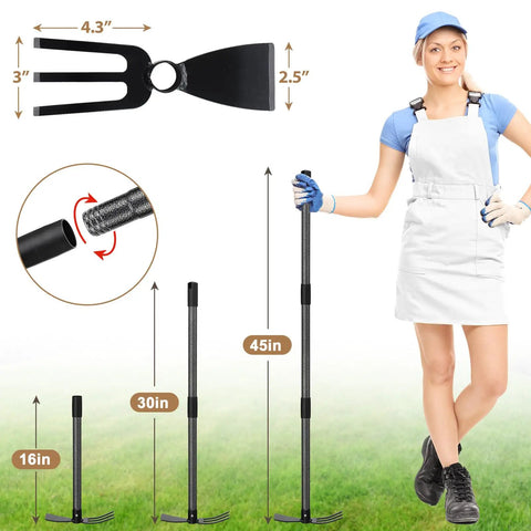 45 Inch Long Handle Garden Hoe 2 In 1 Cultivator for weeding and loosening soil, lightweight durable hand tool demonstration in garden setting