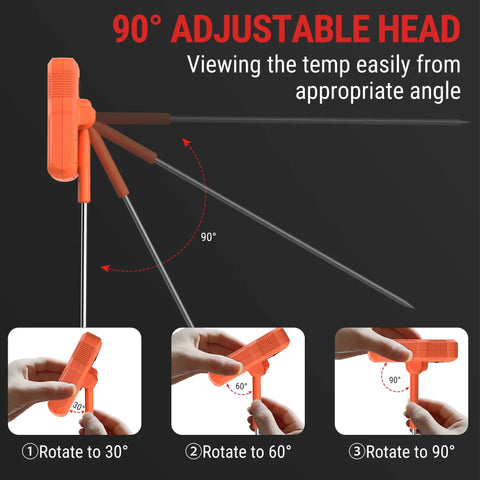 Waterproof Digital Candy Thermometer With 10 Inch Probe And Pot Clip showing 90-degree adjustable head for easy viewing.