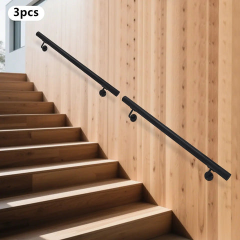 Badass Wall Mounted Stair Handrail Heavy Duty Stainless Steel Black Cylinder Design Killer Grip For Home And Office Interior Safety Rail on wooden stairs.