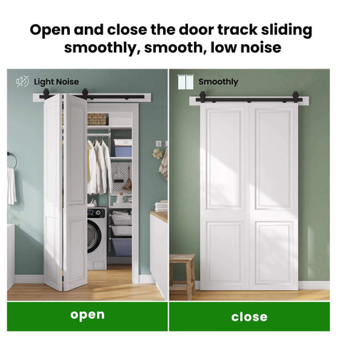 40 Inch Bifold Sliding Barn Door Hardware Kit For Double 18 Inch Doors, Top Mount Bi Folding Track Set, installed view open close