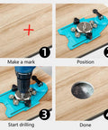 11 Piece Diamond Tile Hole Saw Set With Guide Jig used on wood showing drilling process step by step with guide.
