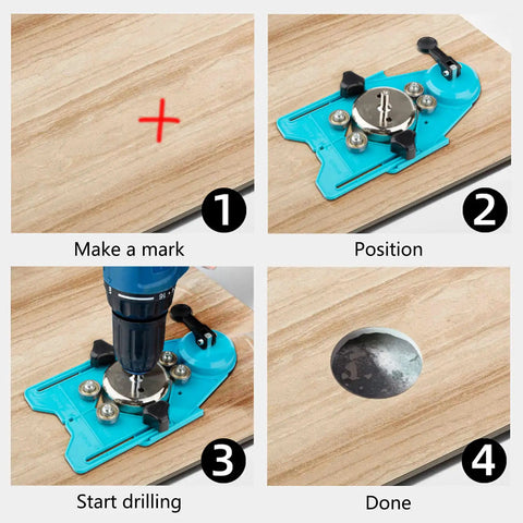 11 Piece Diamond Tile Hole Saw Set With Guide Jig used on wood showing drilling process step by step with guide.