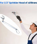Slick Hassle Free Universal One Half Inch Fire Sprinkler Head Wrench in use on a ceiling sprinkler head for quick inspection.