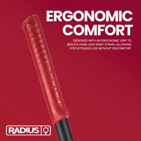Ergonomic red grip on shaft of Dual Hoe And Rake Garden Tool With 58 Inch Fiberglass Shaft For Cultivating Soil Breaking Up Compact Dirt Leveling Beds And Yard Cleanup Do It All Yard Tool For Lawn Care And Landscaping Heavy Duty