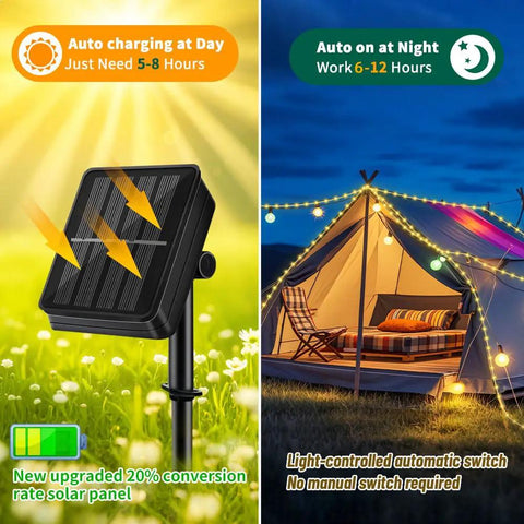 Solar Rope Light IP65 Waterproof 39Ft 100LEDs Outdoor String Lights with solar panel and tent decoration in garden scene.