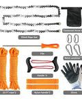 55 Inch High Limb Rope Saw With Dual Ropes And 70 Teeth On Both Sides Folding Pocket Chain Saw For Camping Survival Field Gear And Hunting Bi Directional Cutting For Thick And Thin Trees Sawdust Ejects Freely And Easy Portable Beast tool set displayed with ropes, saw, gloves, carabiners, and storage bag.