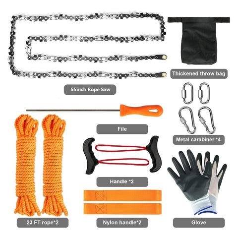 55 Inch High Limb Rope Saw With Dual Ropes And 70 Teeth On Both Sides Folding Pocket Chain Saw For Camping Survival Field Gear And Hunting Bi Directional Cutting For Thick And Thin Trees Sawdust Ejects Freely And Easy Portable Beast tool set displayed with ropes, saw, gloves, carabiners, and storage bag.