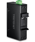 Industrial 5 Port Gigabit PoE Plus DIN Rail Mini Switch side view, NDAA and TAA compliant, compact 3.95 x 2.36 x 1 inches.
