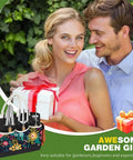 Heavy Duty Gardening Tools Set For Women 22 Pieces With Tote Bag Gift, woman receiving garden tool set present with colorful bouquet.