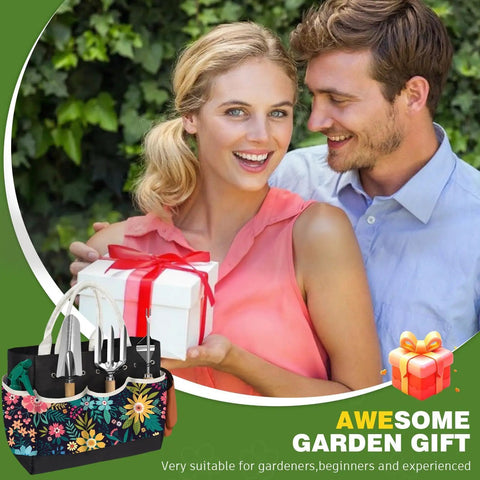 Heavy Duty Gardening Tools Set For Women 22 Pieces With Tote Bag Gift, woman receiving garden tool set present with colorful bouquet.