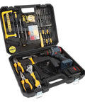 Heavy Duty Cordless Drill Kit With Slick Brushless Engine Delivering Up To 1500 RPM And 25 Precise Torque Gears in a toolkit with various tools.
