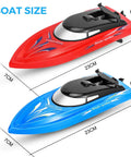 Triple Pack Remote Control RC Boat Set for Kids and Grownups, 2.4GHz Wireless Control, blue and red boat dimensions shown