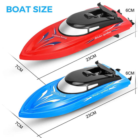 Triple Pack Remote Control RC Boat Set for Kids and Grownups, 2.4GHz Wireless Control, blue and red boat dimensions shown