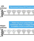 Diagram showing MR16 5W LED Bulbs 12V Low Voltage GU5.3 Bipin 6 Pack Easy Swap with LED transformer and halogen transformation setup.