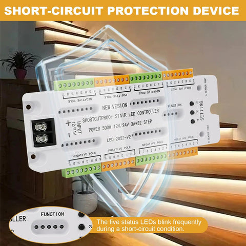 32 Channel Motion Sensor LED Stair Controller with short circuit protection and adjustable brightness displayed near stairs