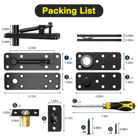 Components of Hidden Door Hinge Kit With 620 Lbs Load Bearing Heavy Duty Stainless Steel Pivot Hinge 360 Degree Rotation Black