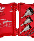Killer Four Piece One Piece Carbide Hole Cutter Set Includes Three Precision Drill Bits in red case for tough metal work.
