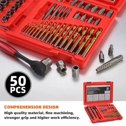 50 Piece Bolt Extractor Set with Screw and Nut Removers, Heavy Duty All In One Drill Bit Kit, includes various bits and tools in red case