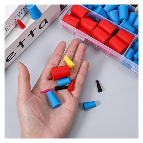 Ultimate 350 Pcs Silicone Rubber Tapered Plug Kit With 8 Various Sizes From 1/16 Inch To 5/8 Inch For Lab And Industrial Use Heat Resistant Stoppers That Won't Crack Shrink Or Break Under Pressure, assorted plugs in hand