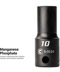 Single socket from Three Eighth Inch Drive Shallow Semi Deep And Deep Impact Socket Set Metric Eight To Twenty Two Millimeter 45 Piece Premium Chrome Molybdenum Steel Coated with manganese phosphate coating.