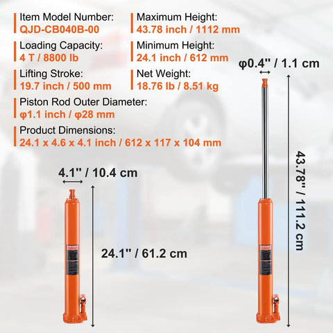 Heavy Duty Hydraulic Long Ram Jack 4 Ton Engine Hoist Cylinder With Single Piston Pump And Flat Base For Engine Lifts diagram