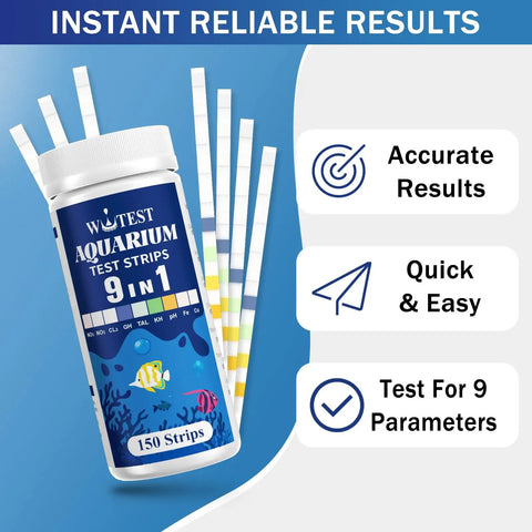 9 In 1 Aquarium Test Strips 150 Count Fish Tank Water Testing Kit in a container with test strips for quick water testing.