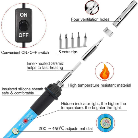 Diagram of 9 In 1 Soldering Kit With 60W Adjustable Temp Soldering Iron On Off Switch Quick Heat Up Includes 5 Tips, detailed features