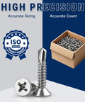 Number Ten By Three Quarter Phillips Flat Head Stainless Steel 410 Self Drilling Self Tapping Screws Heavy Duty Countersunk Fasteners for Auto Panels and Metal Framing One Hundred Pack in ISO standard with box.