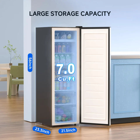 Ace 7 Cu Ft Upright Freezer That Converts To Chill Fridge Mode And Keeps Your Stash Fresh With Smooth Glide Drawers And Spacious Silver Cabinet For Zero Kitchen Stress All Year Round, showing large storage space.