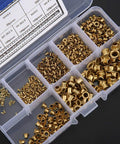 650 Pcs Solid Brass Eyelets Rivets Kit Featuring Hollow Metal Buttonhole Fasteners arranged in a clear organizer box.