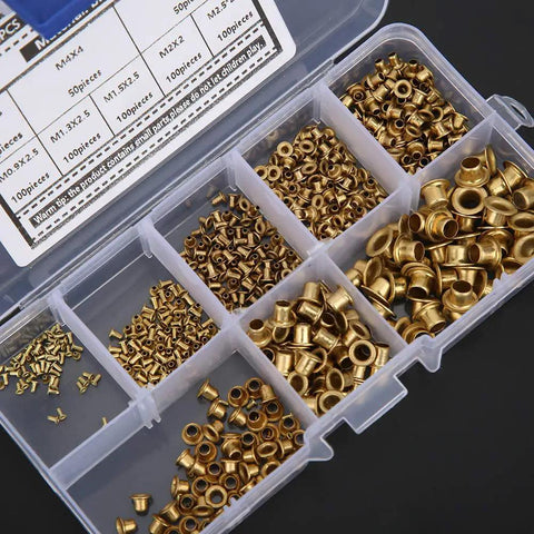 650 Pcs Solid Brass Eyelets Rivets Kit Featuring Hollow Metal Buttonhole Fasteners arranged in a clear organizer box.