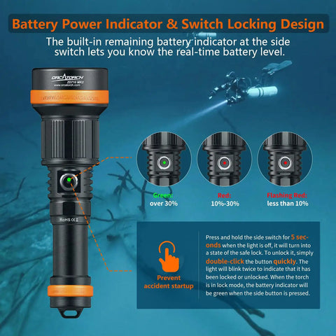 Two In One Zoomable Dive Light For Scuba And Night Dives with battery power indicator and switch locking design