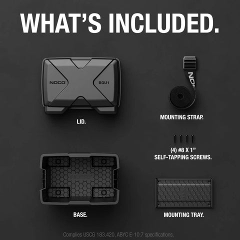 Kickin Dust Snap Top Battery Box For Group U1 12V includes lid, base, mounting strap, and screws for secure battery setup.