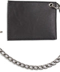 Rugged RFID Leather Bifold Chain Wallet For Men In Pebbled Black with heavy duty chain and hook, shown flat on a white background.