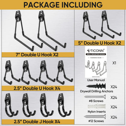 Heavy Duty Garage Hooks Kit, 12 Pack Steel Wall Mount Hangers for Ladders, Bikes, Tools, with screws and anchors