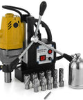 Beast 1100W Magnetic Drill Press With 1.57 Inch Core Bore 2810 Lbs Magnetic Force, portable setup with cutting tools and drill.