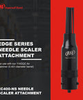 Edge Series Needle Scaler Attachment For 114GQC Air Hammer 0.401 Inch Barrel Converts Your Tool Into A Heavy Duty Paint Rust Dirt And Weld Slag Remover With 19 Durable 3mm Needles And Screw On Mount, shown against a red and gray background.