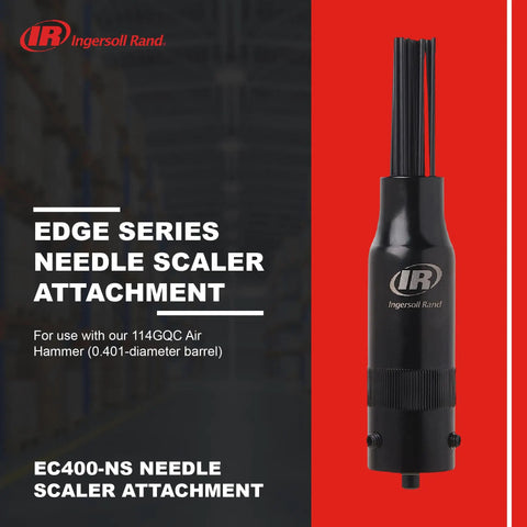 Edge Series Needle Scaler Attachment For 114GQC Air Hammer 0.401 Inch Barrel Converts Your Tool Into A Heavy Duty Paint Rust Dirt And Weld Slag Remover With 19 Durable 3mm Needles And Screw On Mount, shown against a red and gray background.