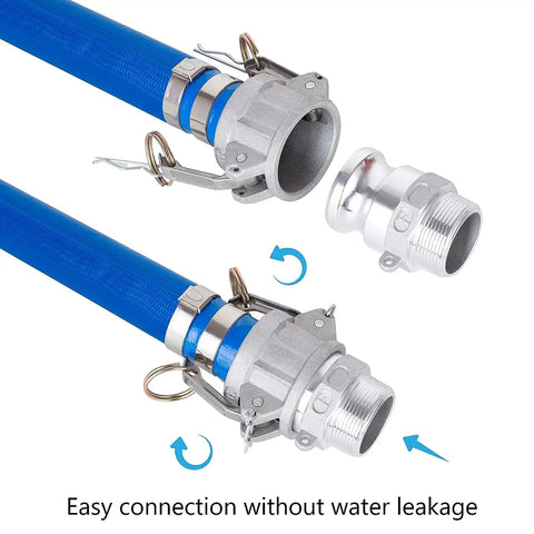 Heavy Duty Slick Quick Swap Aluminum Cam Lock Hose Fittings Type F With Male Npt Thread 1.5 Inch attached to blue hoses.