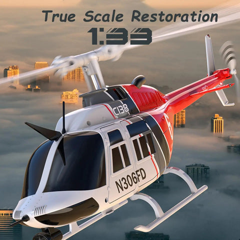 C138 Remote Control Helicopter One Thirty Three Scale Bell 206 Chopper flying over a cityscape with true scale restoration