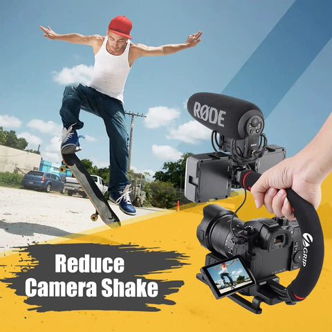Comfy Handheld Video Stabilizer Grip With Cold Shoe Mount For DSLR Cameras And Camcorders Perfect For Low Angle Shots Travel Ready And Wide Compatibility A Dope Gift For Filming Parties And Vacations, capturing skateboarder mid-air.